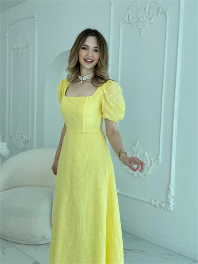 Kare Yaka Balon Kollu Fisto Sarı Elbise