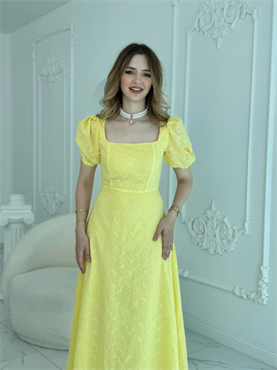 Kare Yaka Balon Kollu Fisto Sarı Elbise