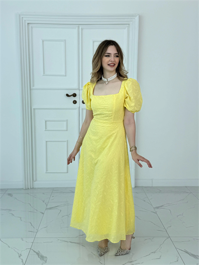 Kare Yaka Balon Kollu Fisto Sarı Elbise