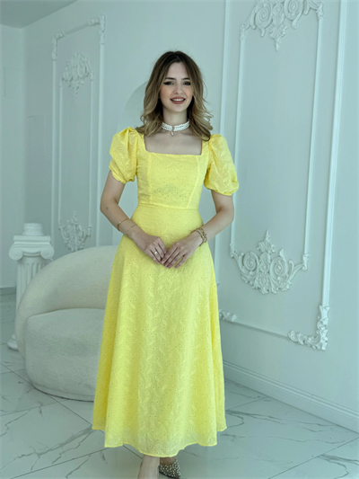 Kare Yaka Balon Kollu Fisto Sarı Elbise