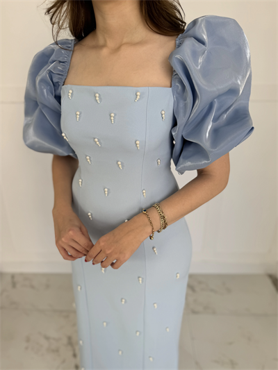 Kare Yaka Maxi Boy Taş Detaylı PERA Mavi Elbise