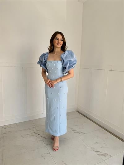 Kare Yaka Maxi Boy Taş Detaylı PERA Mavi Elbise