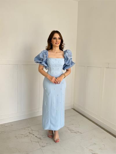 Kare Yaka Maxi Boy Taş Detaylı PERA Mavi Elbise
