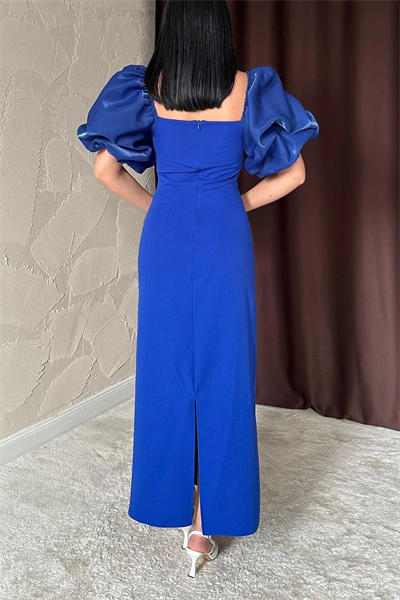 Kare Yaka Maxi Boy Taş Detaylı PERA Saks Mavi Elbise