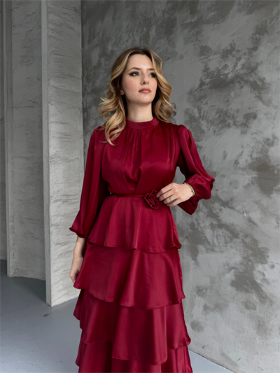 Kat Kat Bordo Gül Kemer Detaylı Saten Elbise