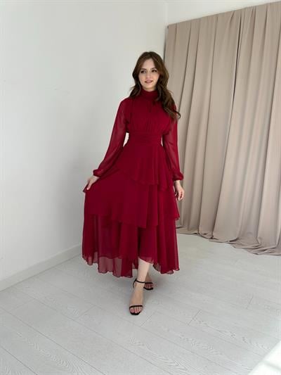 Kat Kat Şifon Bordo Rengi Elbise
