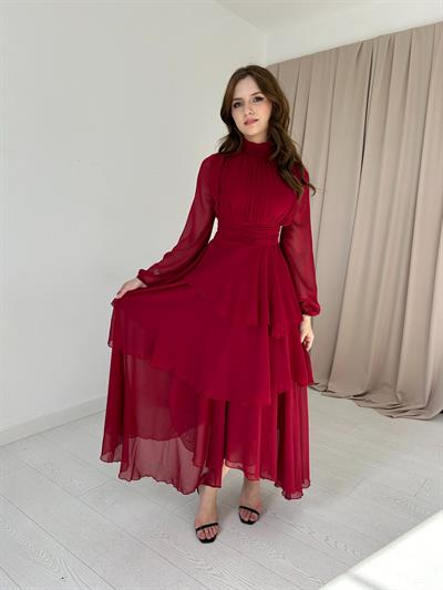 Kat Kat Şifon Bordo Rengi Elbise