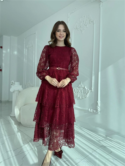 Kat Kat Volanlı Dantel Kumaş Bordo Elbise