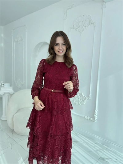 Kat Kat Volanlı Dantel Kumaş Bordo Elbise