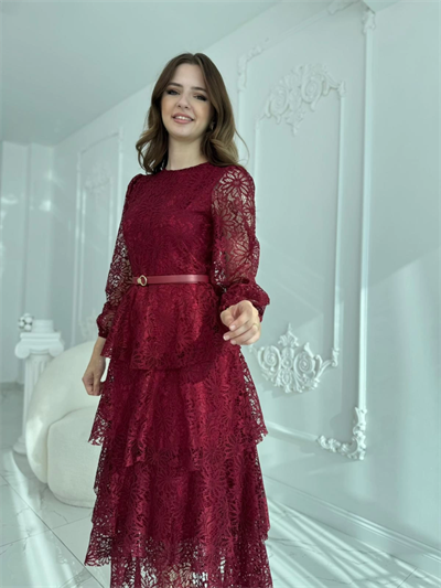 Kat Kat Volanlı Dantel Kumaş Bordo Elbise