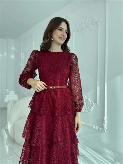 Kat Kat Volanlı Dantel Kumaş Bordo Elbise