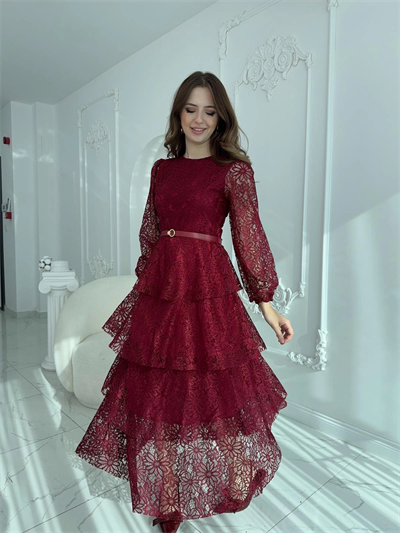 Kat Kat Volanlı Dantel Kumaş Bordo Elbise