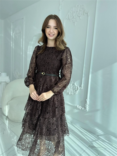 Kat Kat Volanlı Dantel Kumaş Kahve Elbise