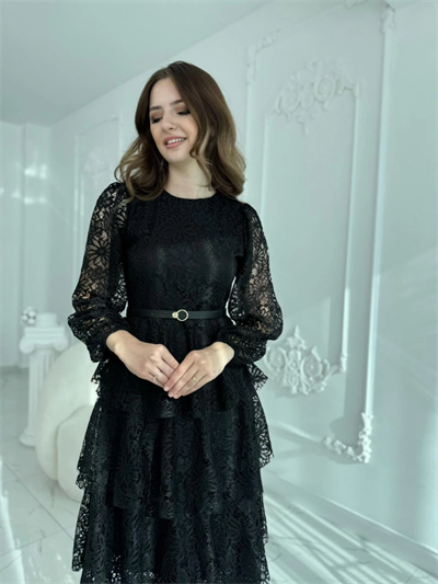 Kat Kat Volanlı Dantel Kumaş Siyah Elbise