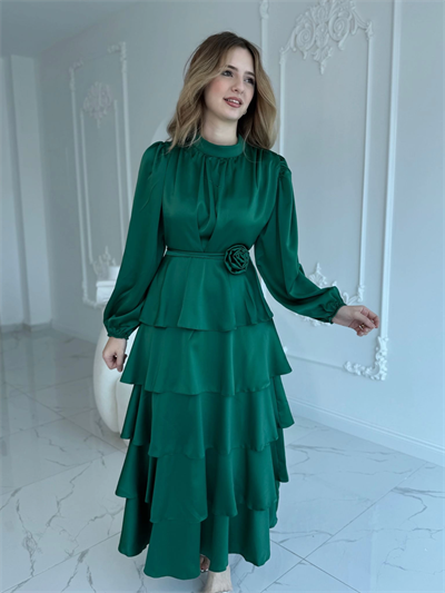 Kat Kat Zümrüt Gül Kemer Detaylı Saten Elbise