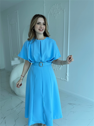 Kemer Detaylı Yırtmaçlı Pliseli Maxi Boy Mavi Elbise