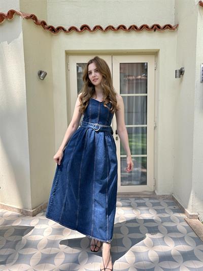 Kemer Tokalı Tam Boy Askılı Kot Elbise