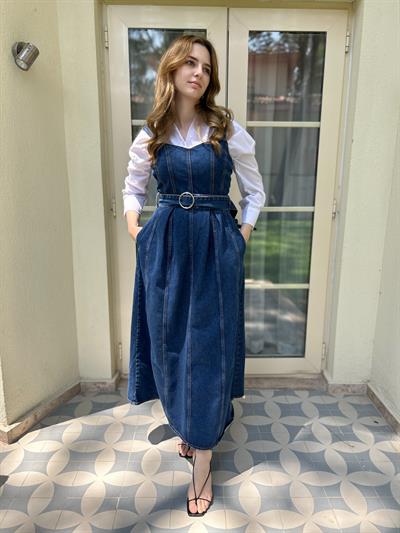 Kemer Tokalı Tam Boy Askılı Kot Elbise