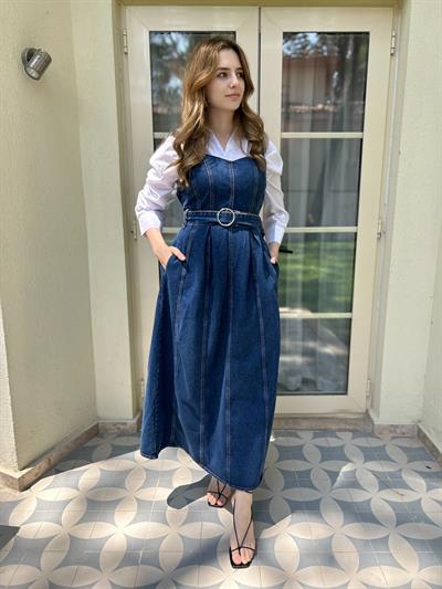 Kemer Tokalı Tam Boy Askılı Kot Elbise