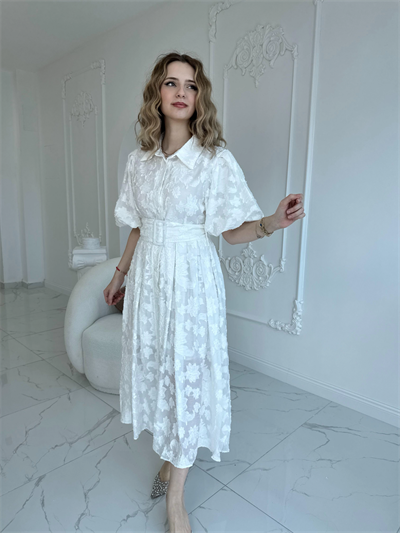 Kemerli Balon Kol Jakarlı Ekru Elbise