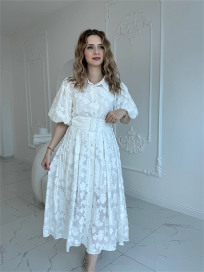 Kemerli Balon Kol Jakarlı Ekru Elbise