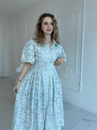 Kemerli Balon Kol Jakarlı Mint Elbise