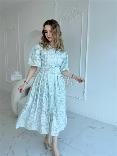 Kemerli Balon Kol Jakarlı Mint Elbise