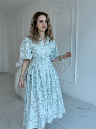 Kemerli Balon Kol Jakarlı Mint Elbise