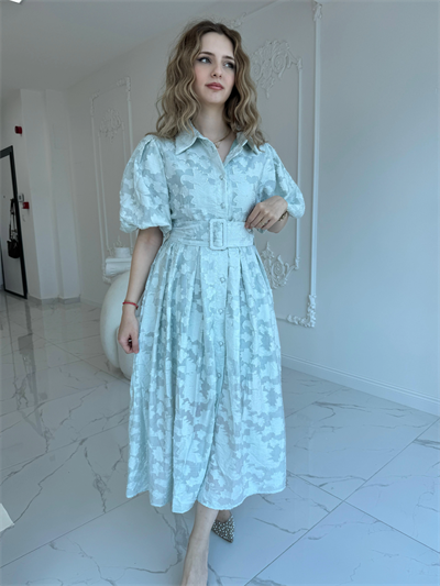 Kemerli Balon Kol Jakarlı Mint Elbise