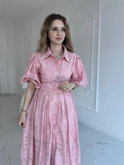 Kemerli Balon Kol Jakarlı Pembe Elbise