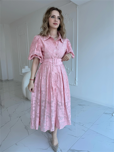Kemerli Balon Kol Jakarlı Pembe Elbise