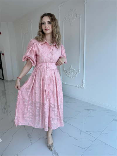 Kemerli Balon Kol Jakarlı Pembe Elbise