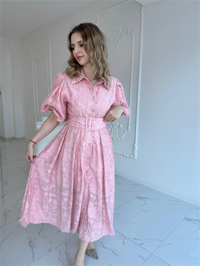 Kemerli Balon Kol Jakarlı Pembe Elbise