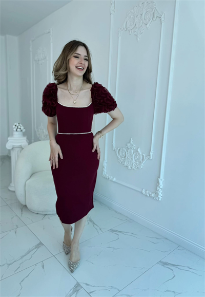 Kol Detaylı Bordo Midi Boy Elbise