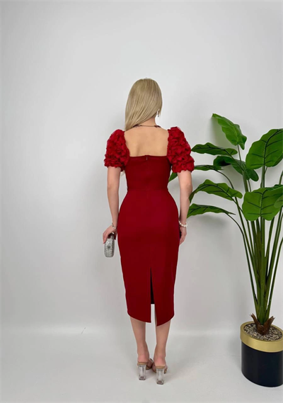 Kol Detaylı Bordo Midi Boy Elbise