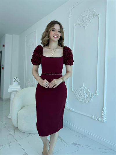 Kol Detaylı Bordo Midi Boy Elbise