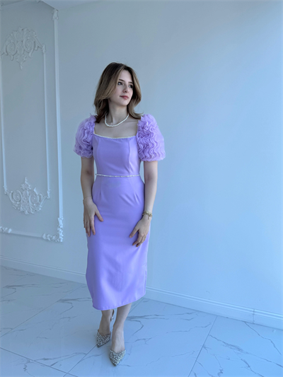 Kol Detaylı Lila Midi Boy Elbise