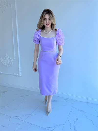 Kol Detaylı Lila Midi Boy Elbise