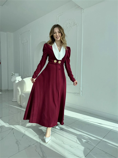 Kontrast Yaka ve Düğme Detaylı Bordo Elbise