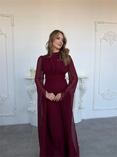 Korse Detaylı Tül Kollu Uzun Bordo Elbise