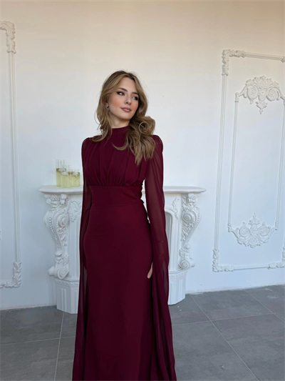 Korse Detaylı Tül Kollu Uzun Bordo Elbise