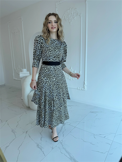 Kuşak Garnili Leopar Saten Kat Kat Elbise