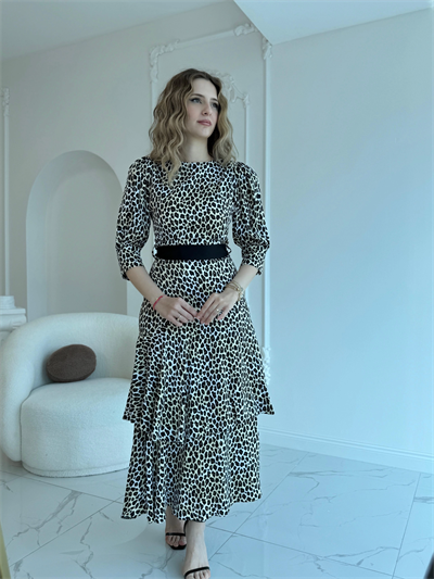 Kuşak Garnili Leopar Saten Kat Kat Elbise