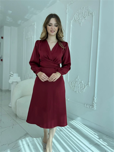 Kuşaklı, Dökümlü ve Şık Tensel Saten Bordo Elbise