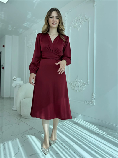 Kuşaklı, Dökümlü ve Şık Tensel Saten Bordo Elbise