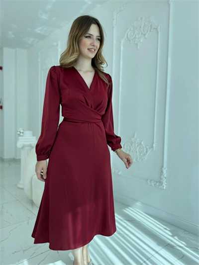 Kuşaklı, Dökümlü ve Şık Tensel Saten Bordo Elbise