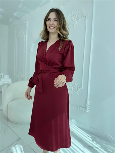 Kuşaklı, Dökümlü ve Şık Tensel Saten Bordo Elbise