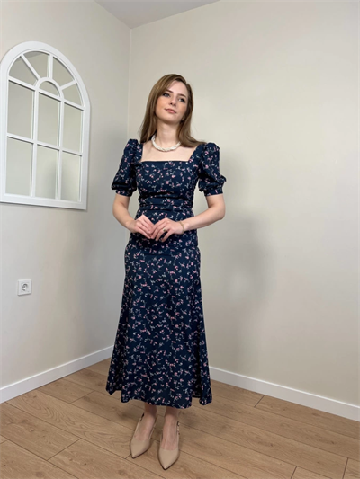 Lacivert Çiçek Desenli Krep Kumaş Elbise
