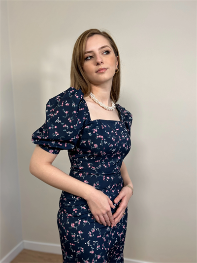 Lacivert Çiçek Desenli Krep Kumaş Elbise