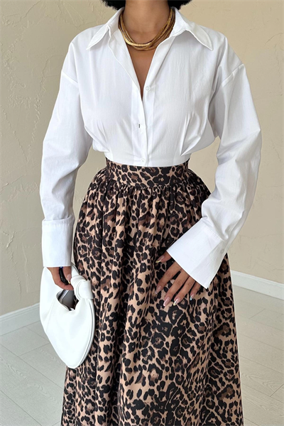 Leopar Büzgülü Uzun Etek